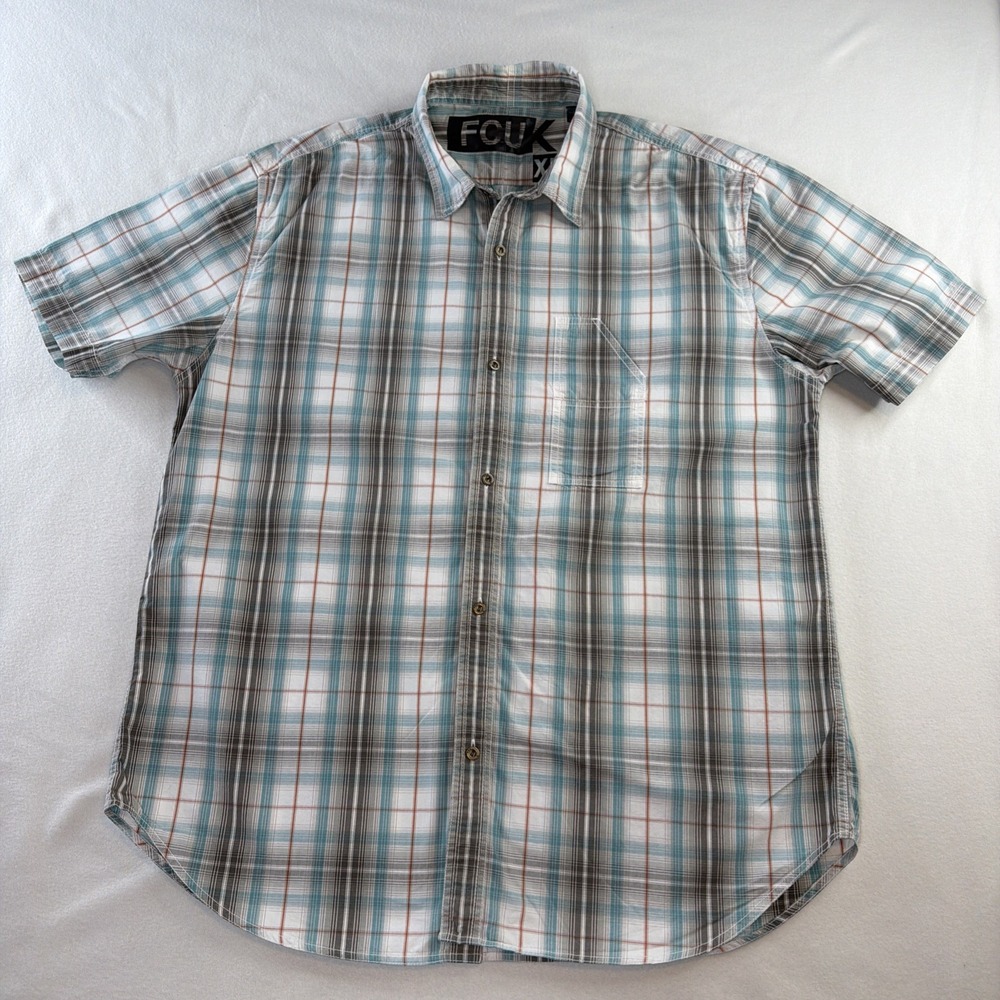 FCUK French Connection Mens XL Plaid Short Sleeve Button Up Shirt Cotton